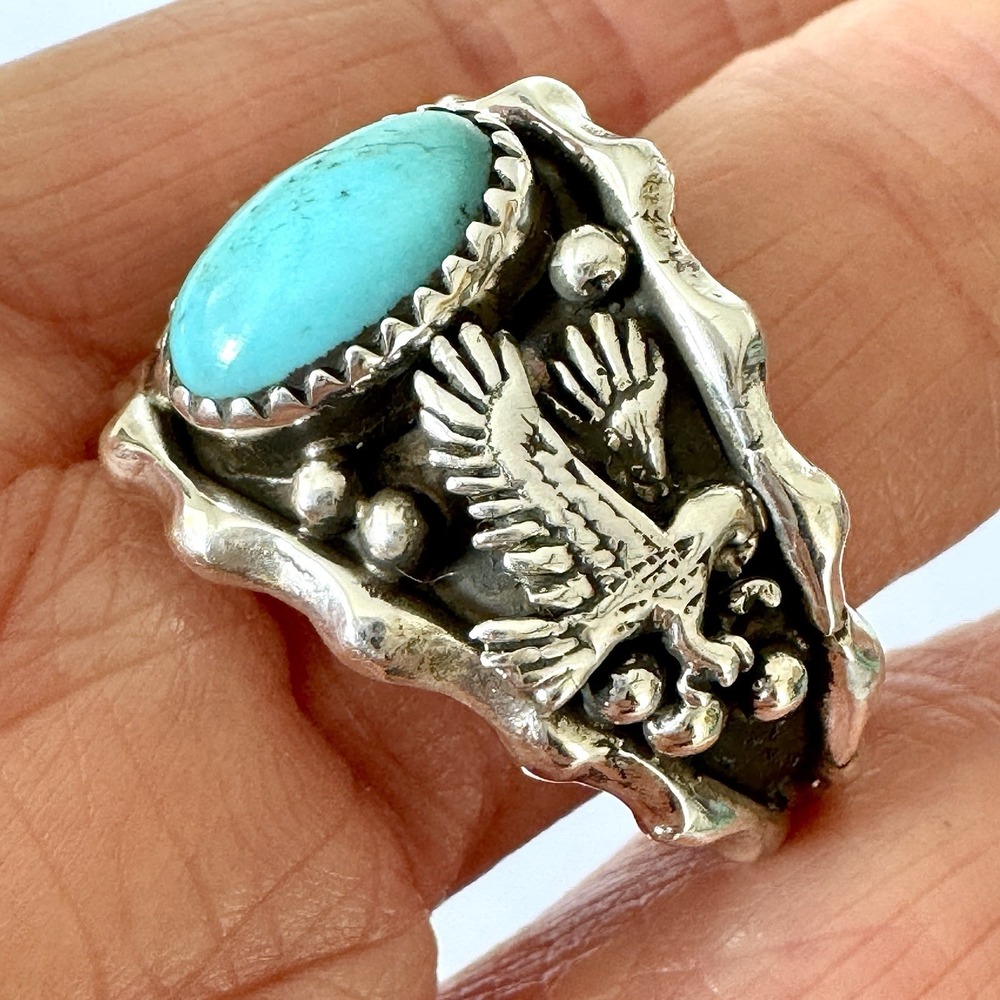 Navajo Eagle Mens Band Sz 14.25 Ring Turquoise Sterling Francisco Native America